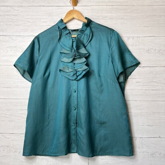 Talbots Top Womens Size 14W Dark Teal Ruffle Silk Blend Button Down Blouse - Picture 1 of 16